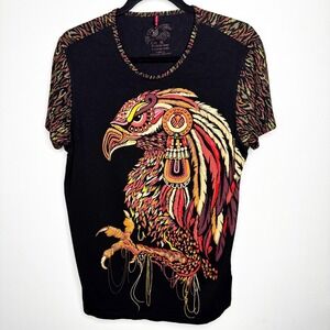 Ay Guey Aztec Eagle Graphic Print T-Shirt Size S Black Feather Print Back